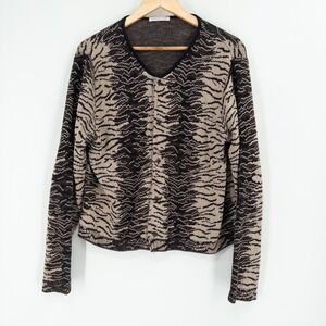 Vintage Joan Vass Animal Print Knit Cardigan Womens L Brown Tiger Mob Wife Indie